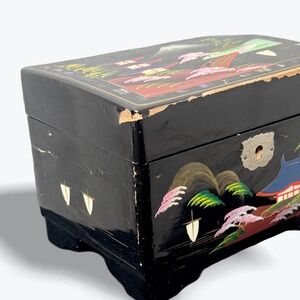 Vintage Japanese Lacquer Music Box Abalone Shell Inlay Blue Velvet Lined Mt Fugi